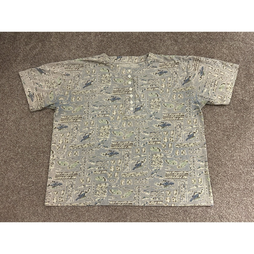 Boho Henley Shirt Mens XL Blue Abstract Geometric Tribal Print Excellent